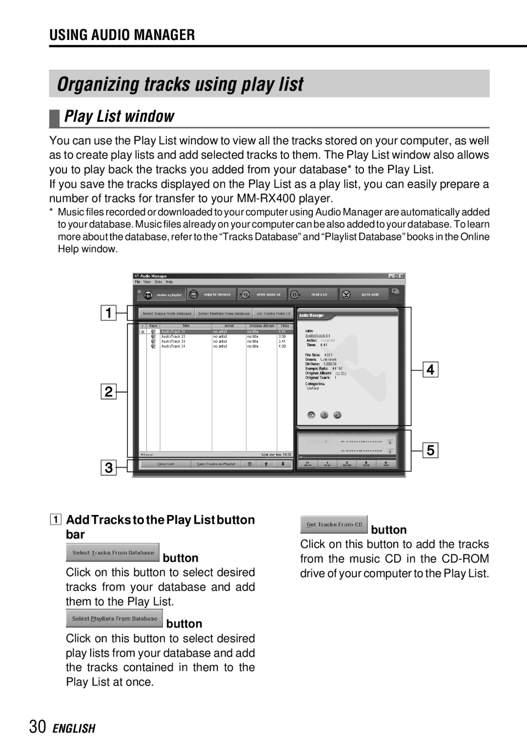 Aiwa MM-RX400 Organizing tracks using play list, Play List window, Add Tracks to the Play List button bar Button 