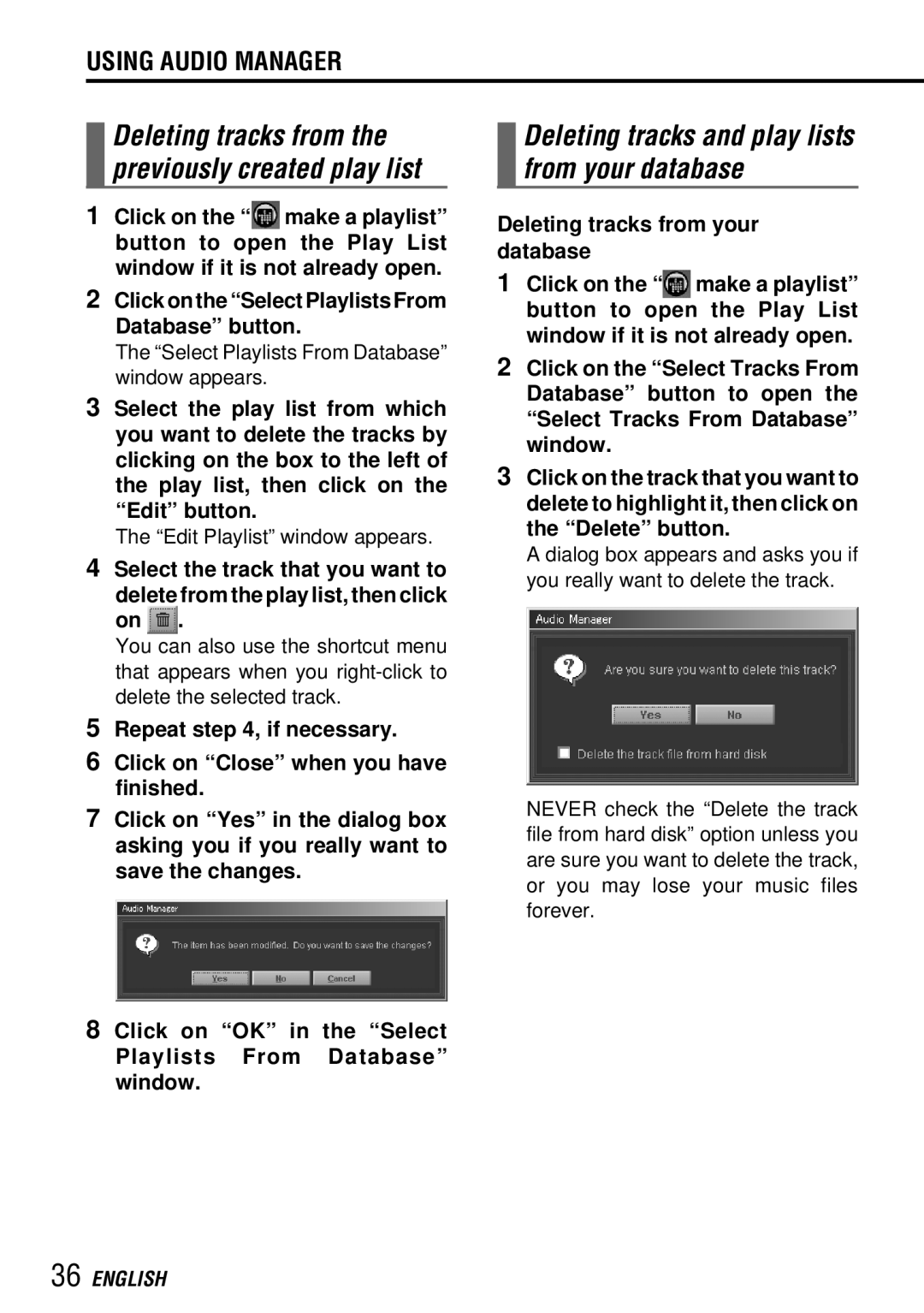 Aiwa MM-RX400 operating instructions Deleting tracks and play lists from your database, Deleting tracks from your database 