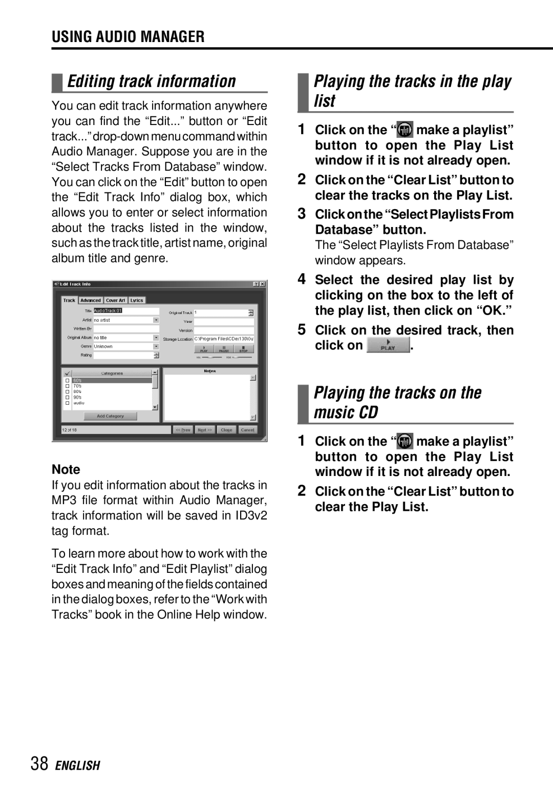 Aiwa MM-RX400 Editing track information, Playing the tracks in the play list, Playing the tracks on the music CD 