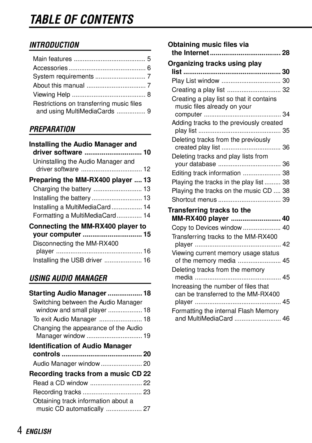 Aiwa MM-RX400 operating instructions Table of Contents 