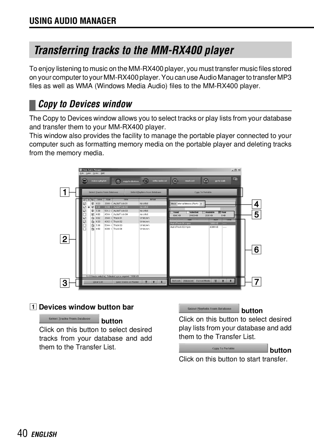 Aiwa Transferring tracks to the MM-RX400 player, Copy to Devices window, 1Devices window button bar Button 