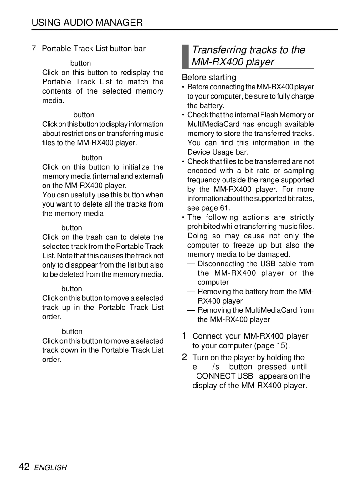 Aiwa operating instructions Transferring tracks to the MM-RX400 player, 7Portable Track List button bar Button 