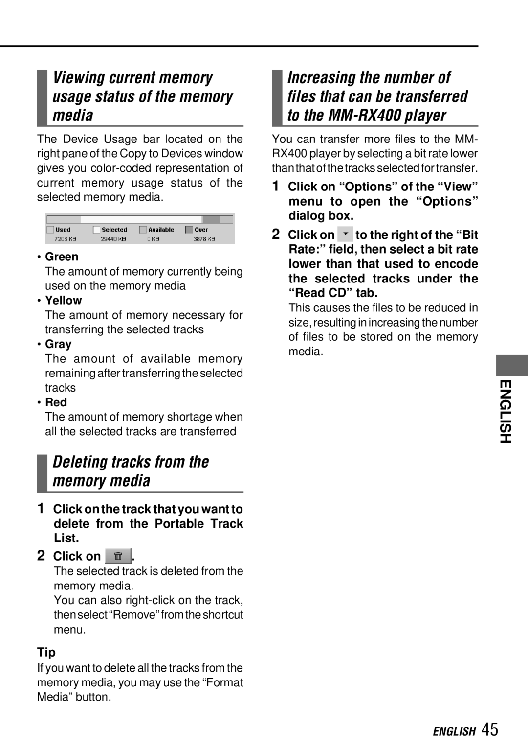 Aiwa MM-RX400 Viewing current memory usage status of the memory media, Deleting tracks from the memory media 