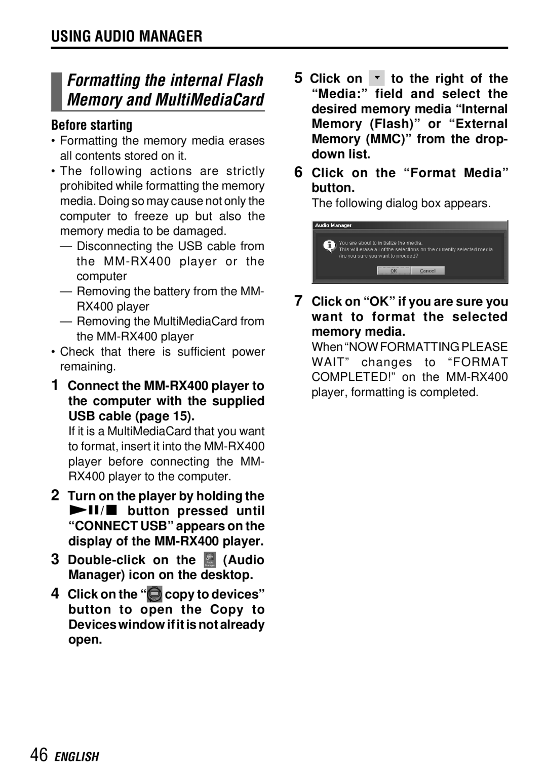 Aiwa MM-RX400 operating instructions Formatting the internal Flash Memory and MultiMediaCard 