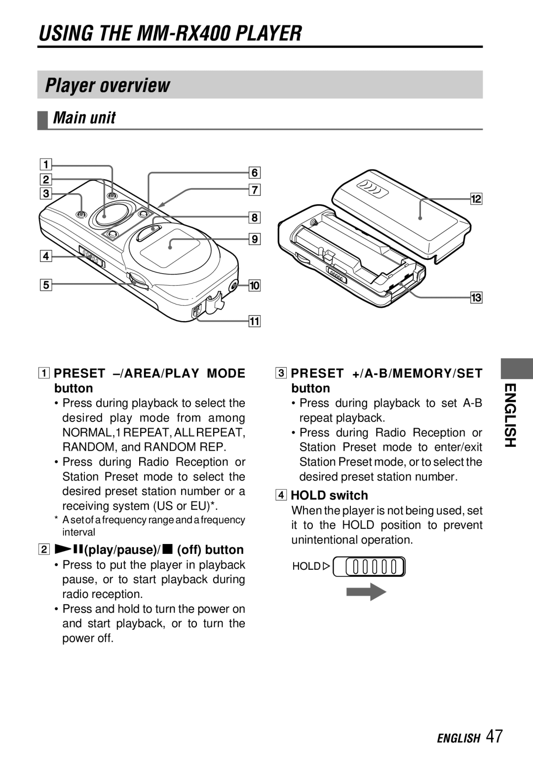 Aiwa MM-RX400 operating instructions Player overview, Main unit 