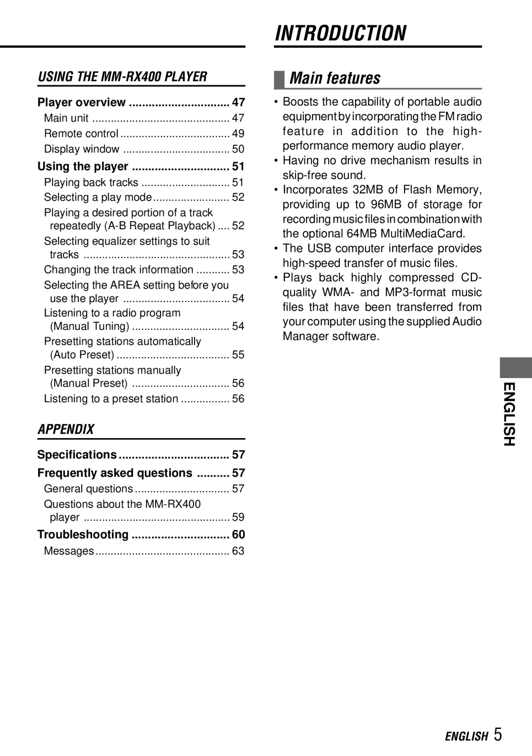 Aiwa operating instructions Main features, Using the MM-RX400 Player 