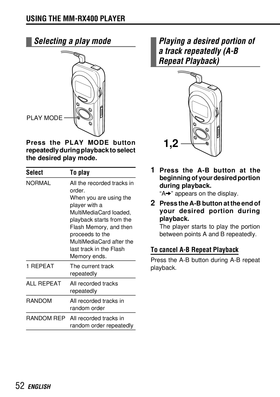 Aiwa MM-RX400 operating instructions Selecting a play mode, Track repeatedly A-B, To cancel A-B Repeat Playback 