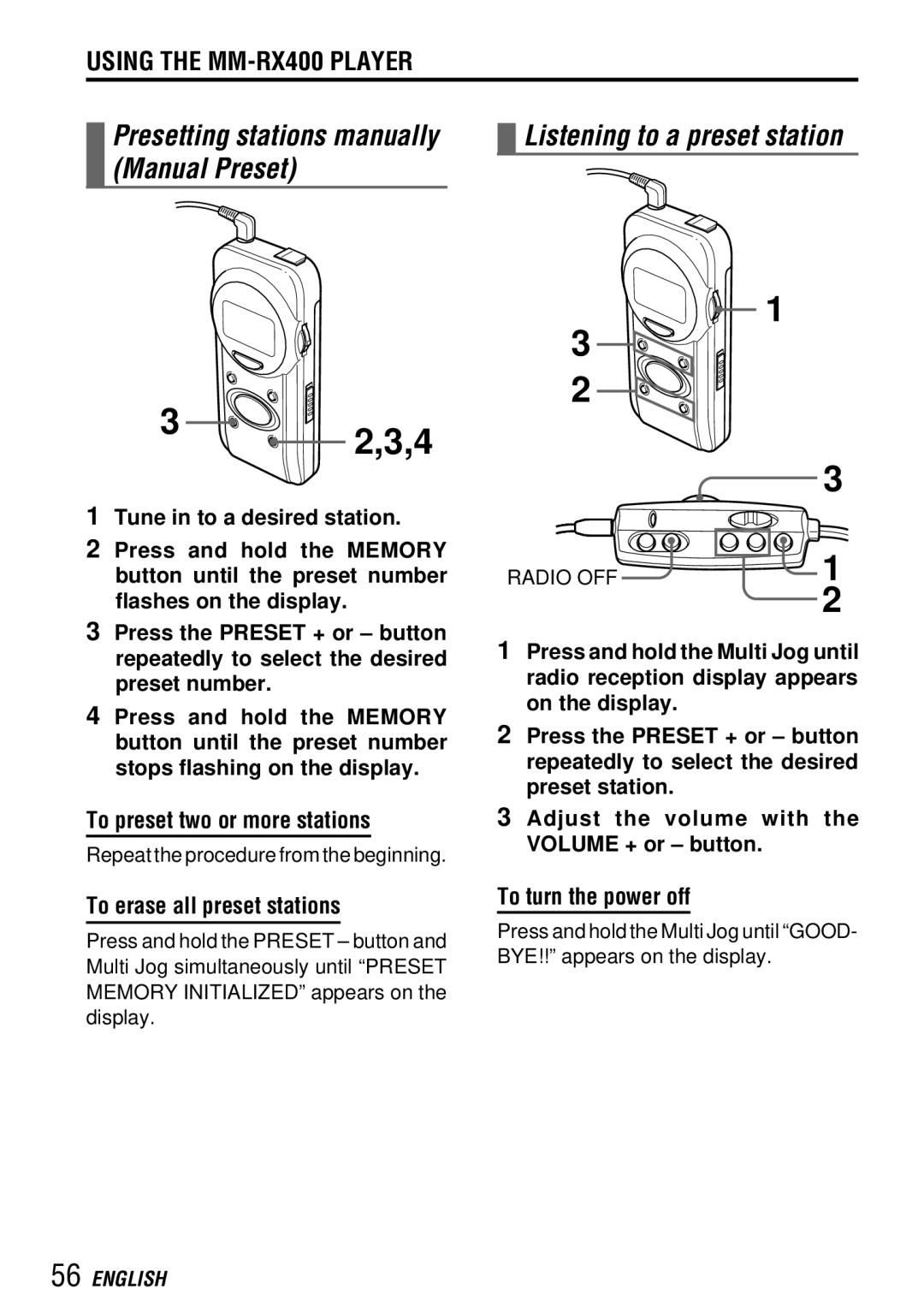 Aiwa MM-RX400 Listening to a preset station, To preset two or more stations, To erase all preset stations 