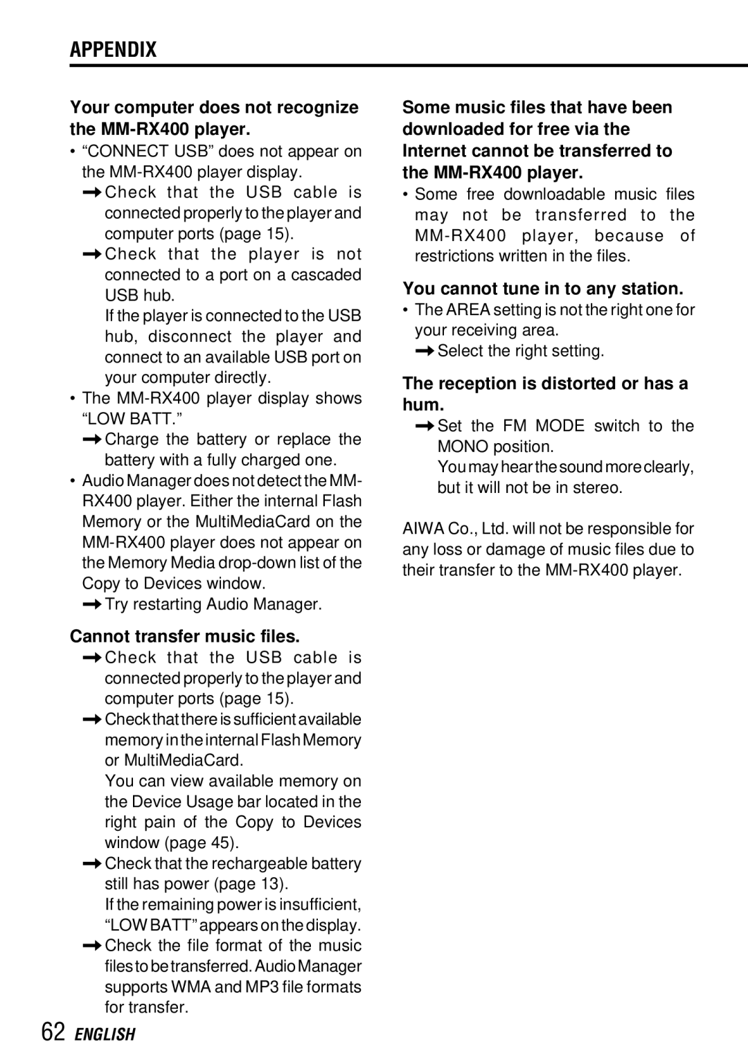 Aiwa operating instructions Your computer does not recognize the MM-RX400 player, Cannot transfer music files 