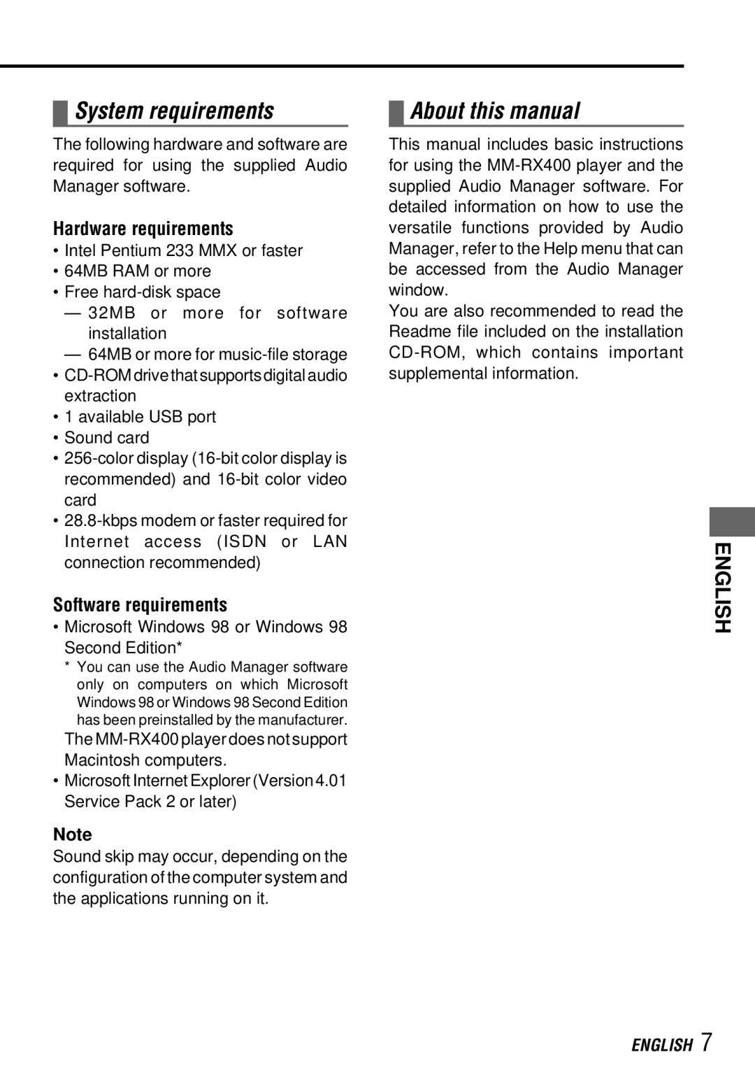 Aiwa MM-RX400 operating instructions System requirements, About this manual, Hardware requirements, Software requirements 