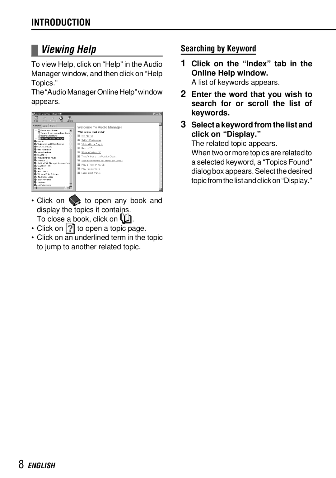 Aiwa MM-RX400 operating instructions Viewing Help, Searching by Keyword, Click on the Index tab in the Online Help window 