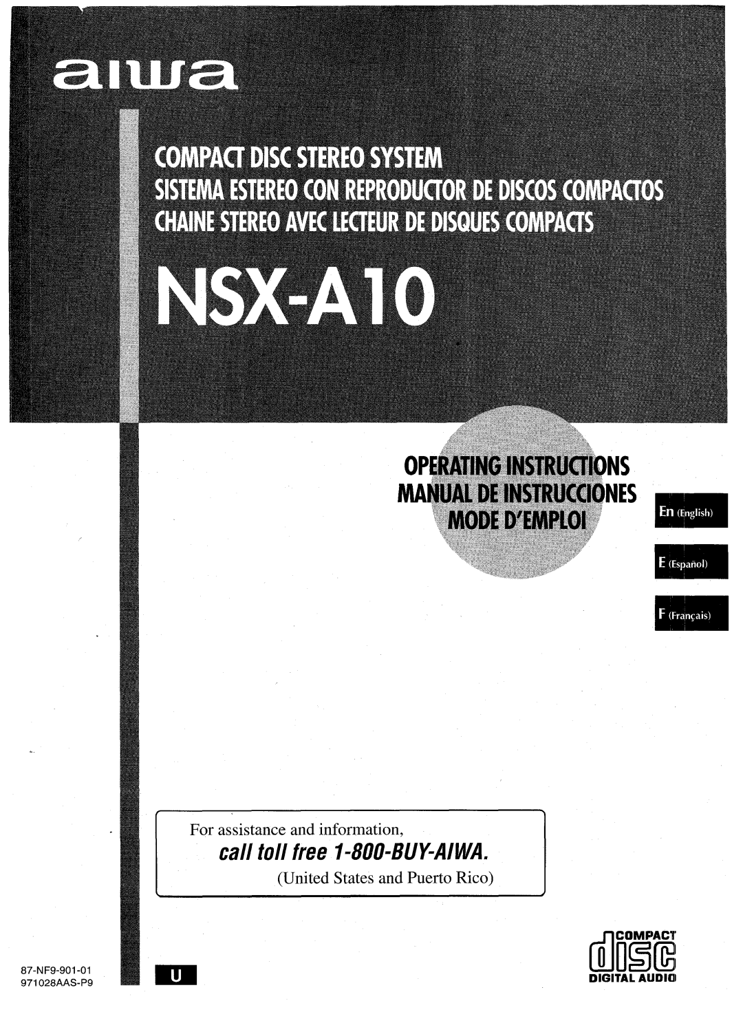 Aiwa NSX-A10 manual Call toll free I-800-BUY-AIWA 