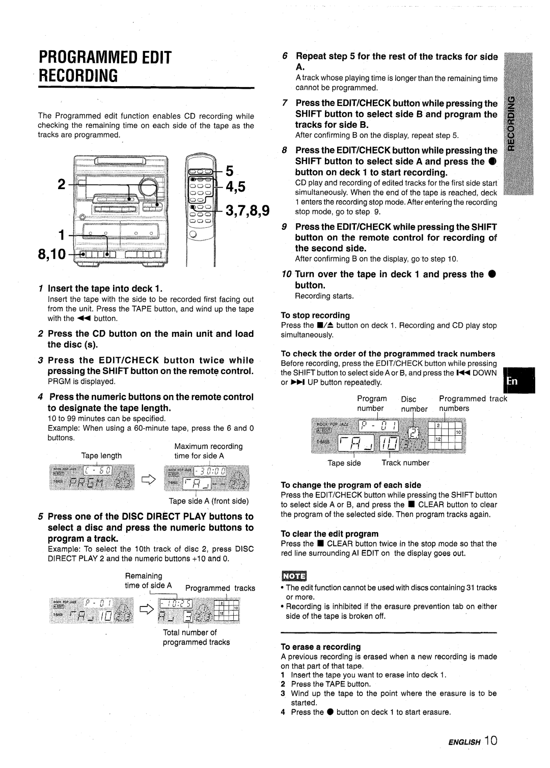 Aiwa NSX-A10 manual Programmed Edit Recording, Repeat for the rest of the tracks for side a, Insert the tape into deck 