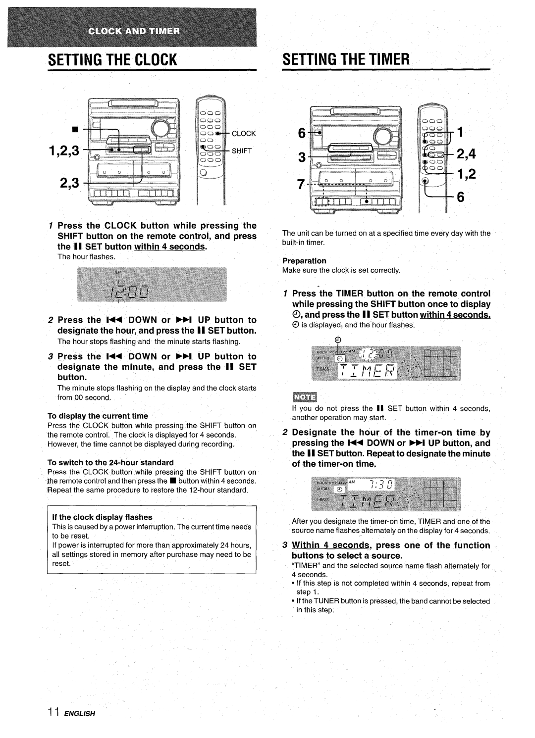 Aiwa NSX-A10 manual Setting the Clock, Designate the hour, and press the II SET button 