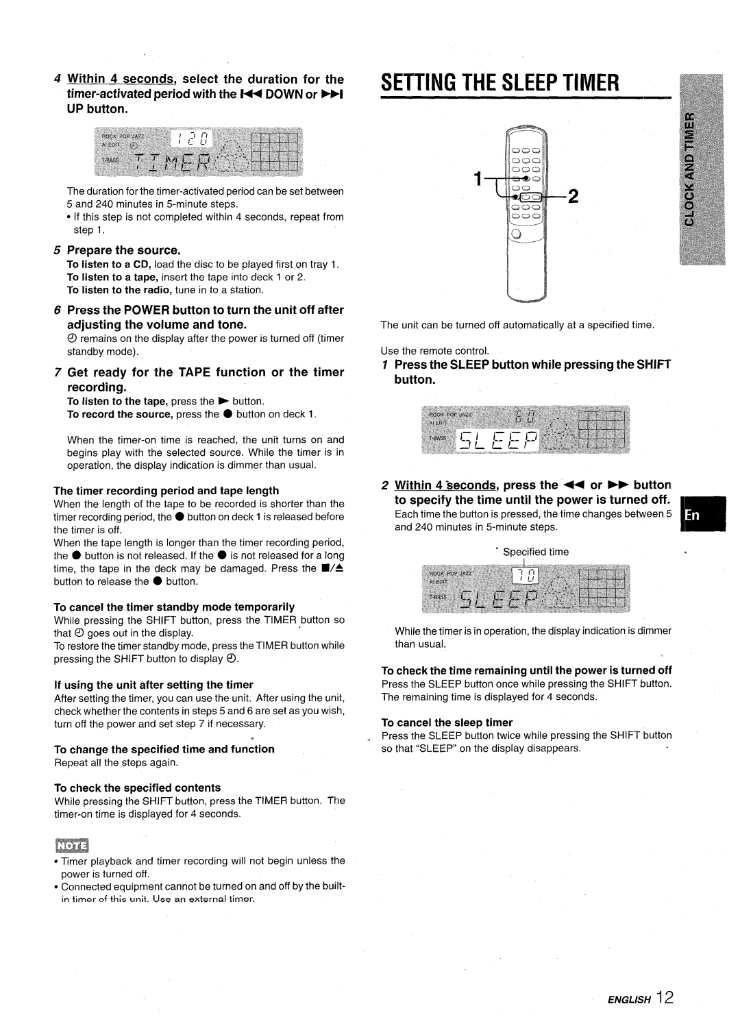 Aiwa NSX-A10 manual Setting the Sleep Timer, Timer-activated period with the W Down or WI UP button 