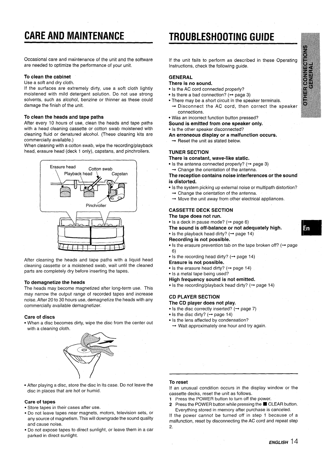 Aiwa NSX-A10 manual Care and Maintenance, Troubleshooting Guide, Tuner Section, Cassette Deck Section, CD Player Section 