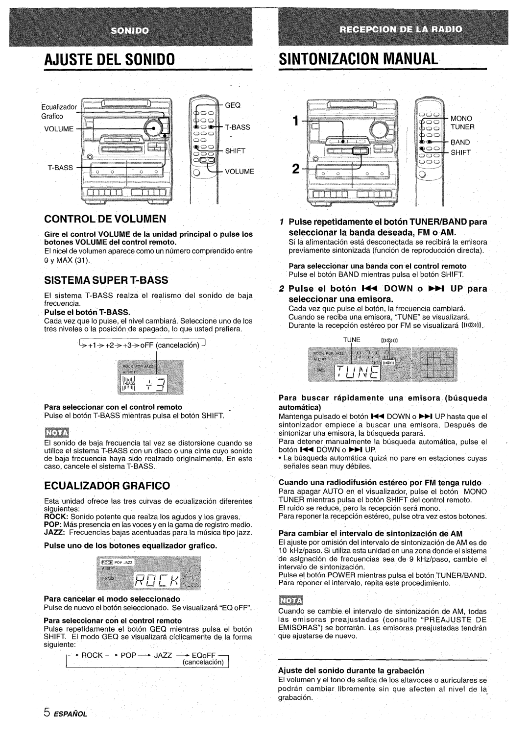 Aiwa NSX-A10 manual Control DE Volumen, Sistema Super T-BASS, Ecualizador Grafico 