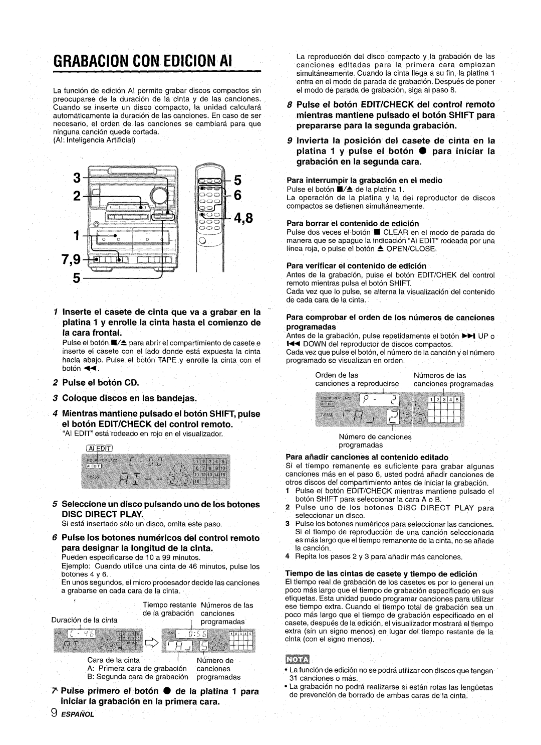 Aiwa NSX-A10 manual Seleccione un disco pulsando uno de Ios botones, Disc Direct Play, Para borrar el contenido de edition 