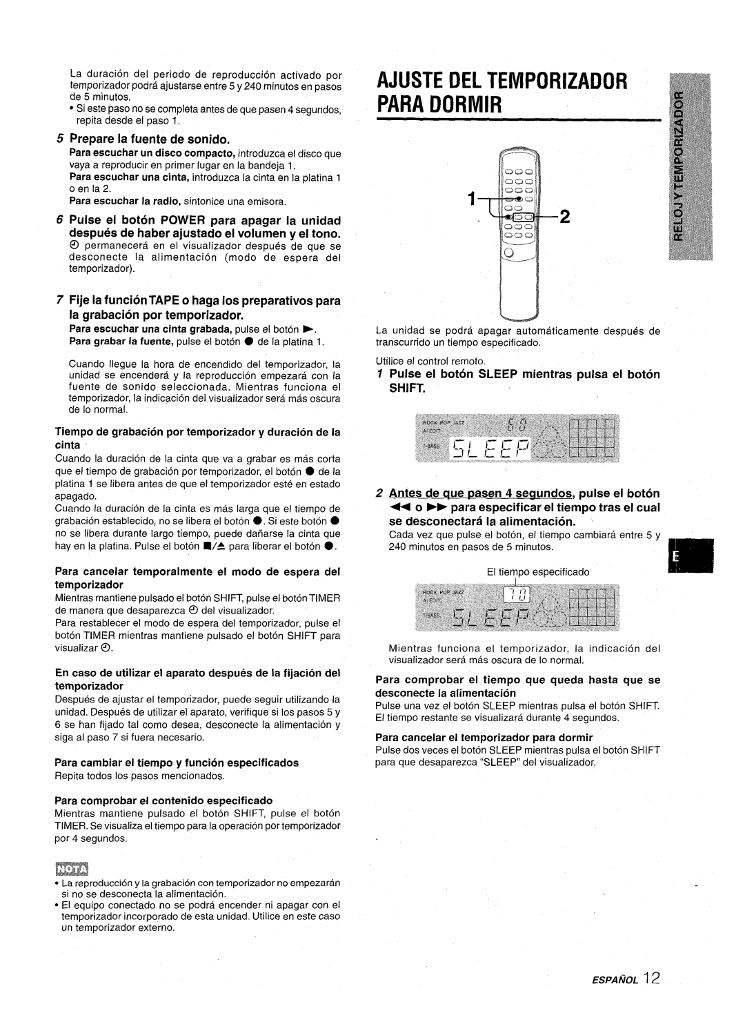 Aiwa NSX-A10 manual Ajuste DEL TENIPORIZADOF? Para Dormir, Prepare la fuente de sonido, Shift 