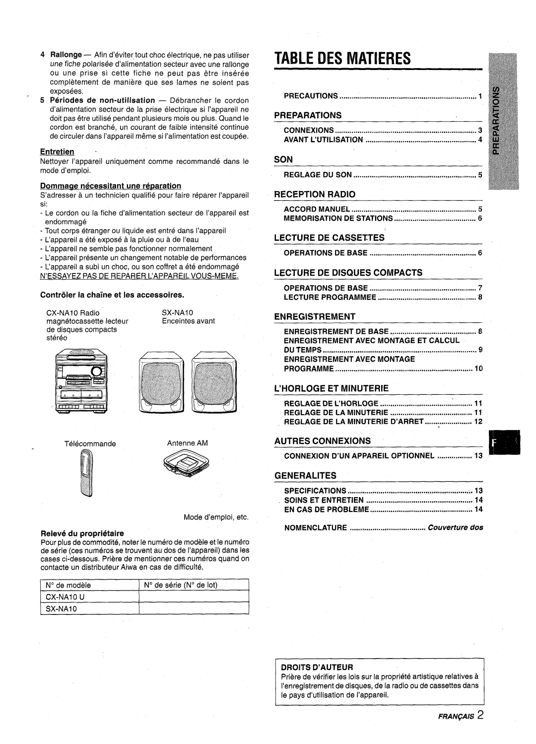 Aiwa NSX-A10 manual DES Matieres 