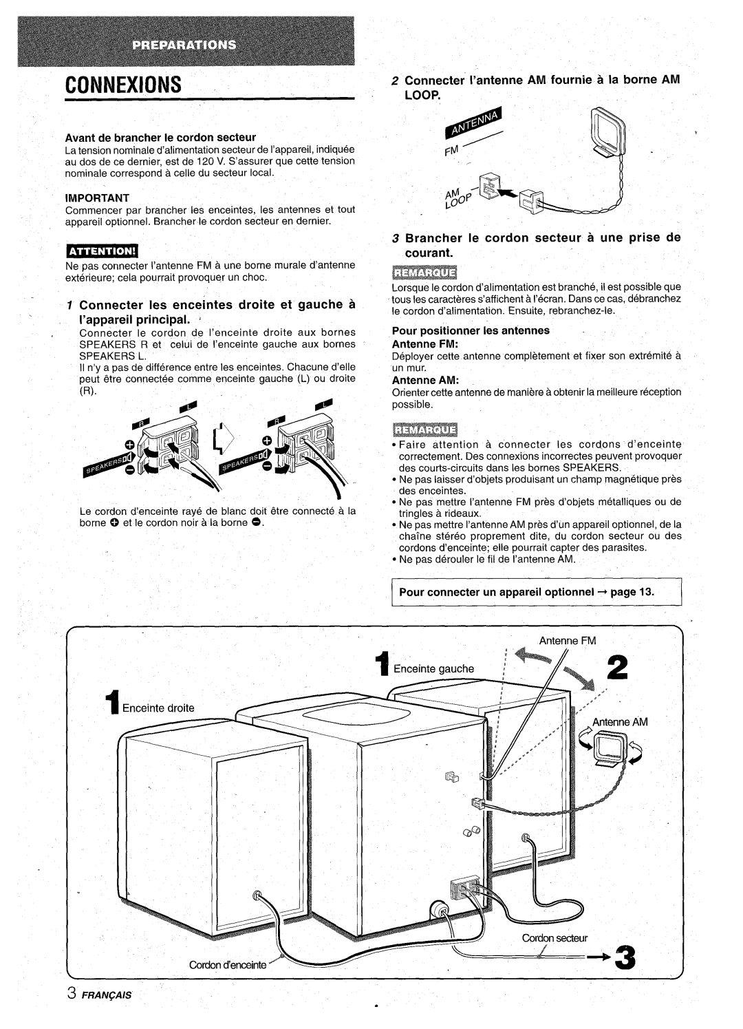 Aiwa NSX-A10 manual Connexions, Avant de brancher Ie cordon secteur, Connecter I’antenne AM fournie a la borne AM Loop 