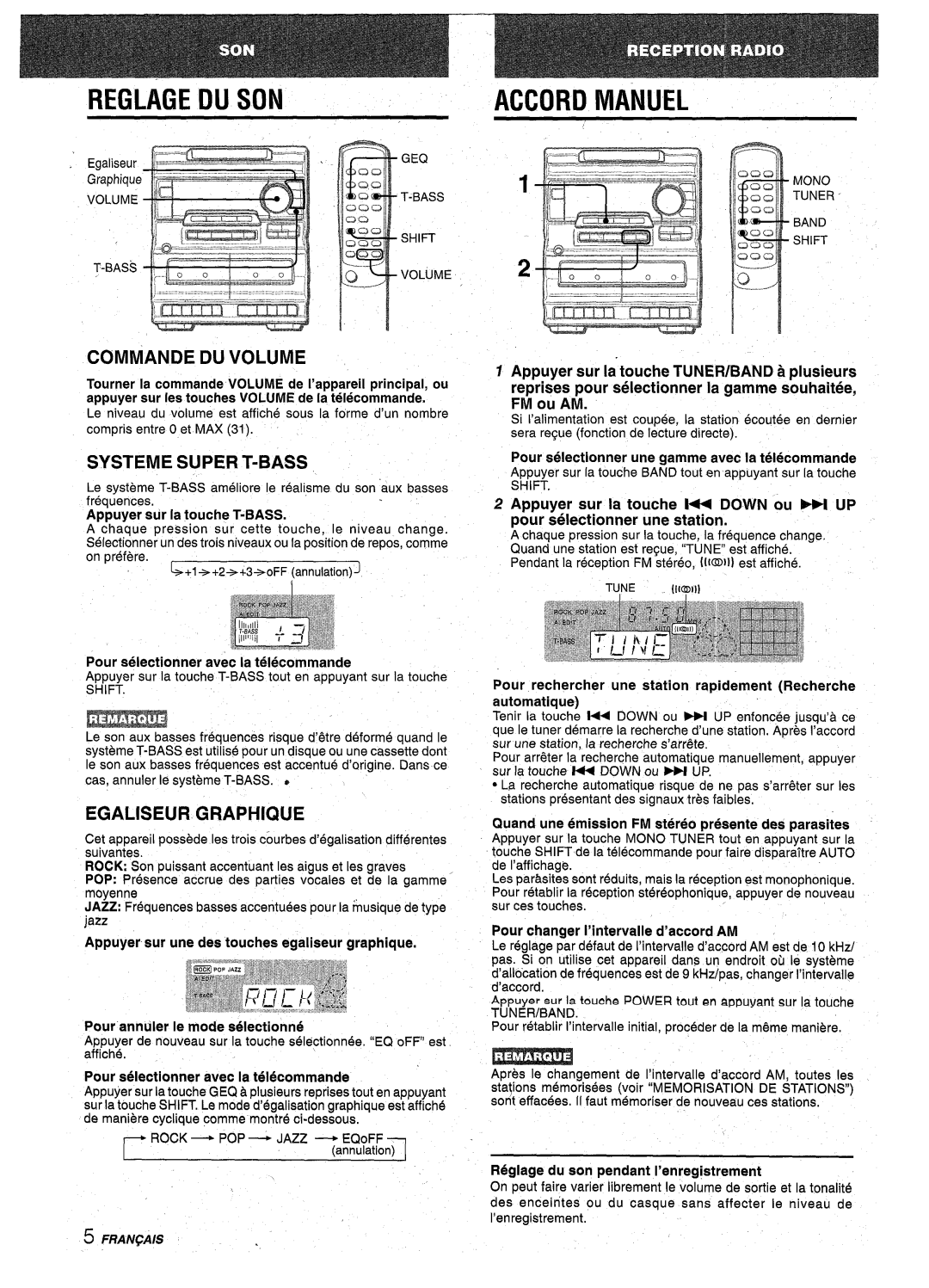 Aiwa NSX-A10 manual Reglage DU SON, Accord Manuel, Commande DU Volume, Systeme Super T-BASS, Egaliseur Graphique 