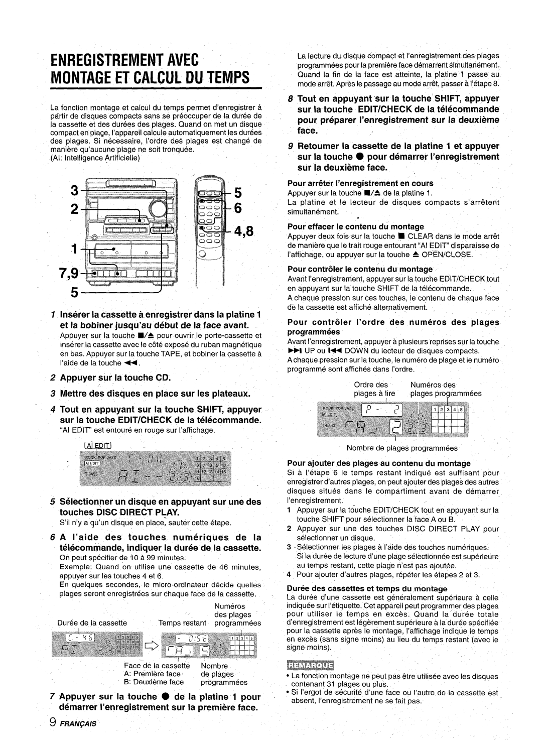 Aiwa NSX-A10 manual Enregistrement Avec Montage ET Calcul DU Temps 