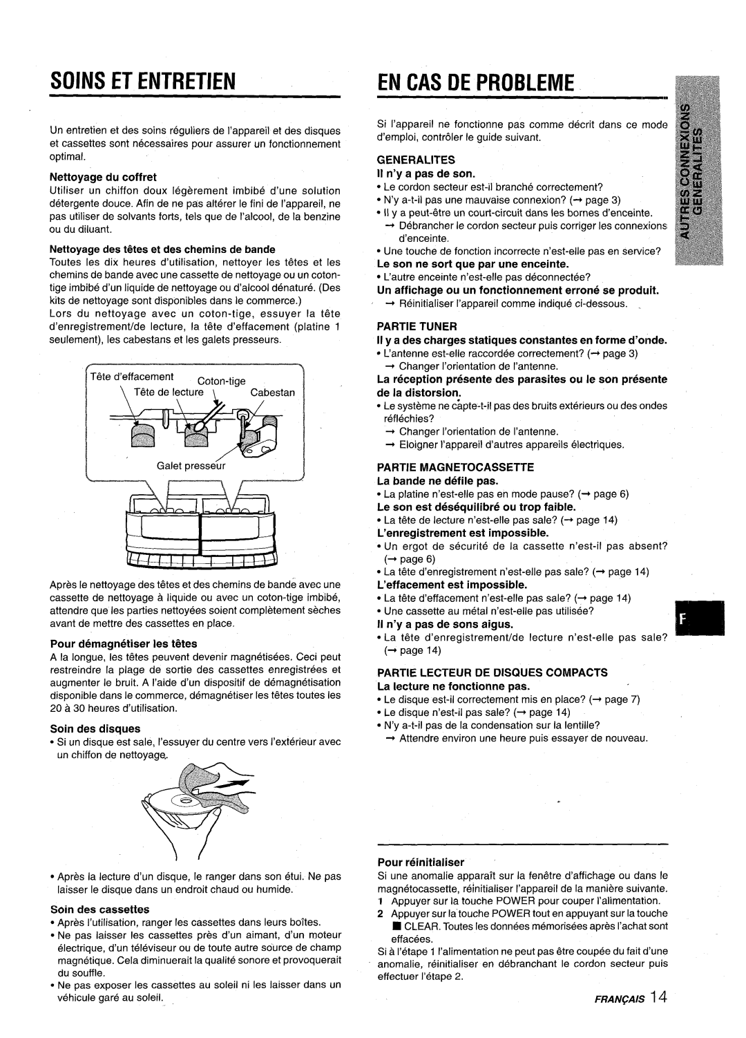 Aiwa NSX-A10 manual Soins ET Entretien, EN CAS DE Probleme, Generalities, Partie Tuner, Partie Magnetocassette 