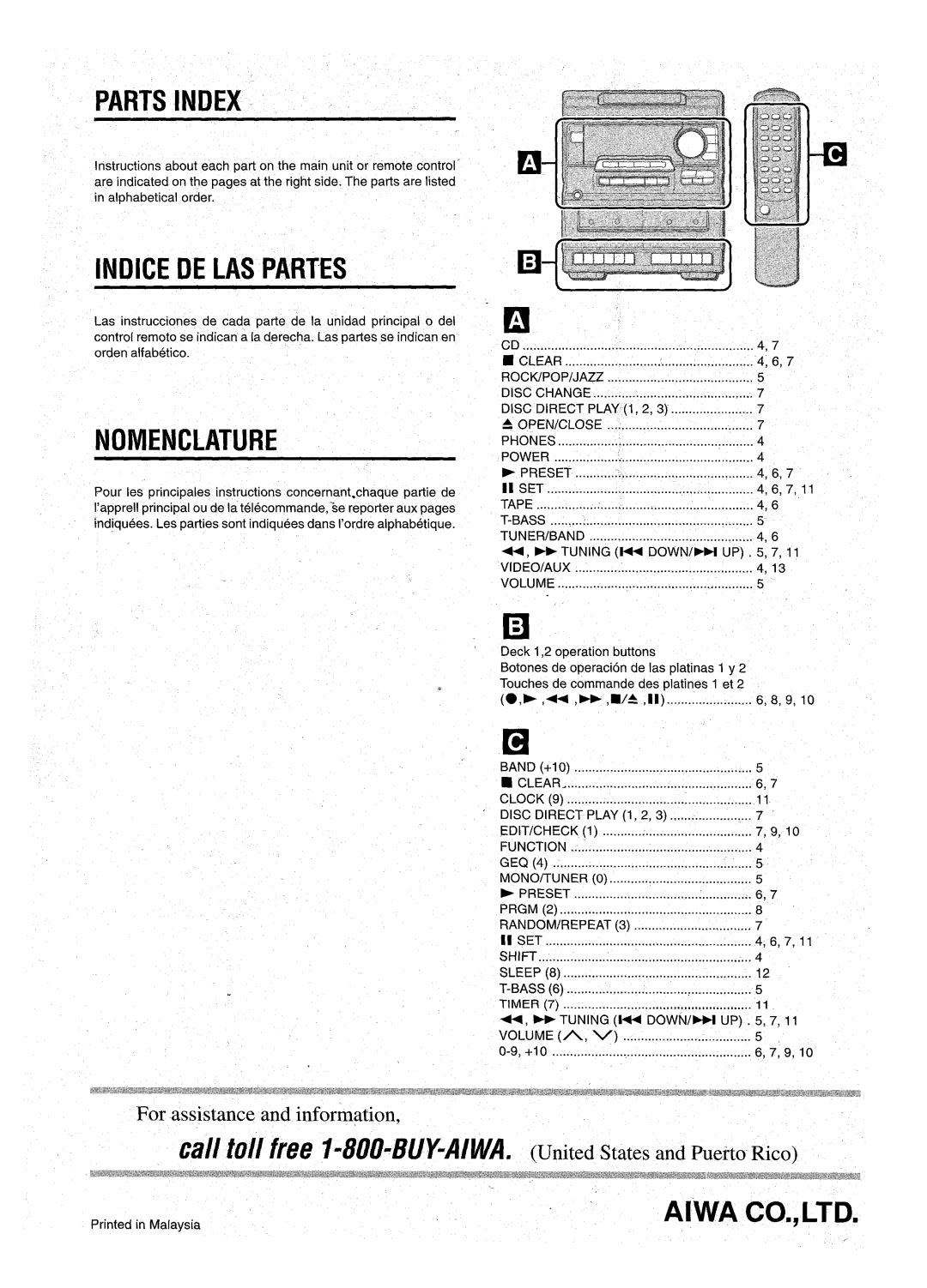 Aiwa NSX-A10 manual Parts Index, Indice DE LAS Partes, Nomenclature 