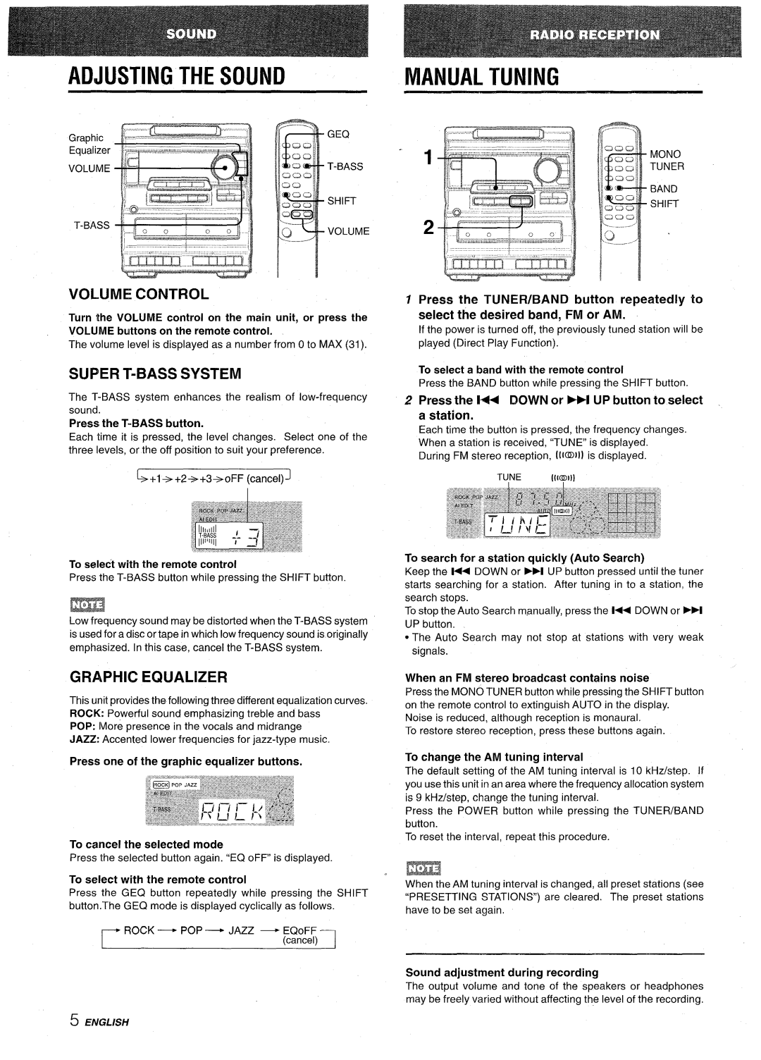 Aiwa NSX-A10 manual Adjusting the Sound Manual Tuning, Volume Control, Super T-BASS System, Graphic Equalizer 