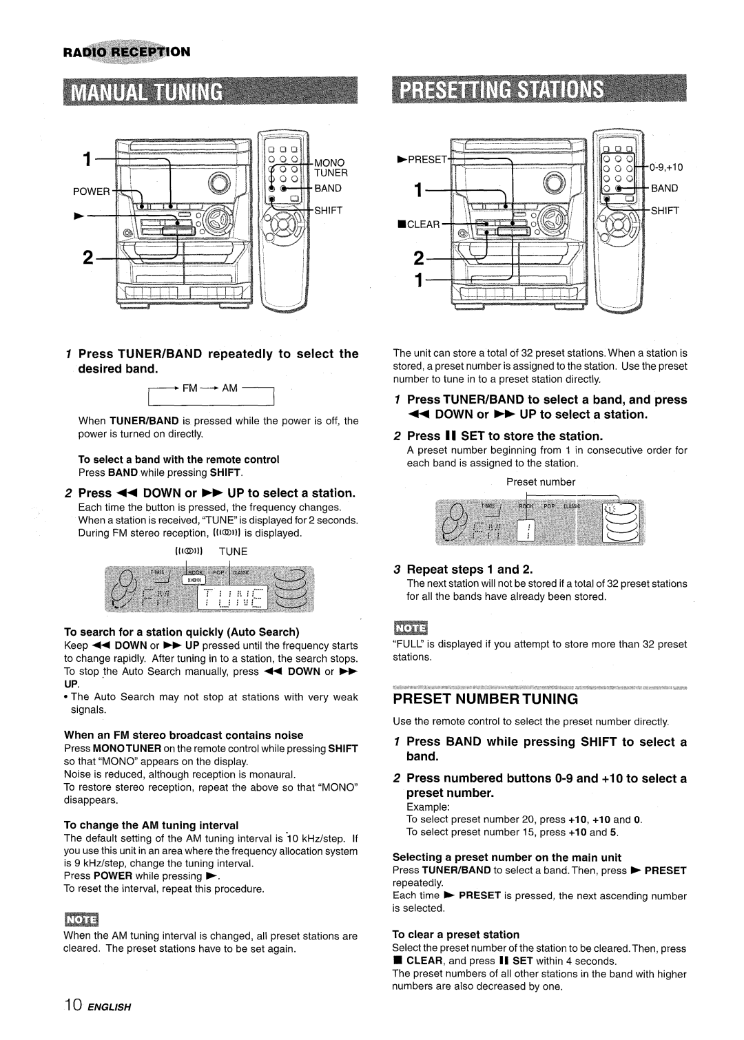 Aiwa NSX-A111 manual Press TUNER/BAND repeatedly to select the desired band, Press 4 Down or UP to select a station 