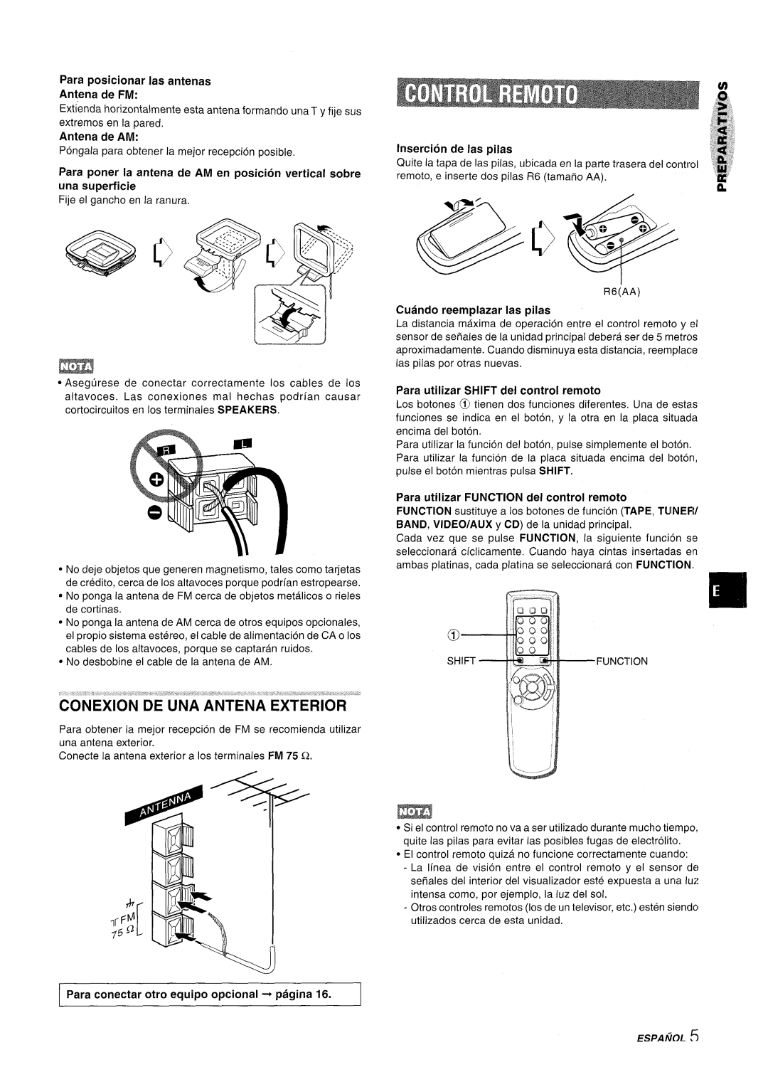 Aiwa NSX-A111 Para posicionar Ias antenas Antena de FM, Antena de AM, Insertion de Ias pilas, Cuando reemplazar Ias pilas 