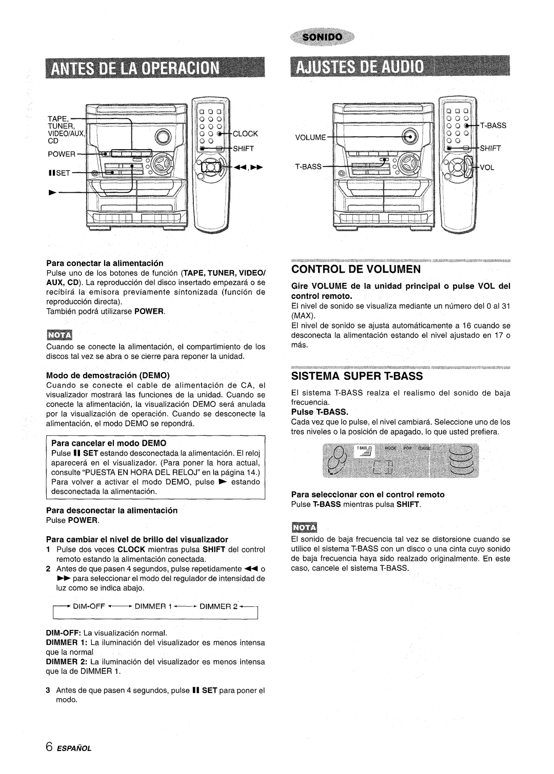 Aiwa NSX-A111 manual Control DE Volumen, Sistema Super T-BASS 