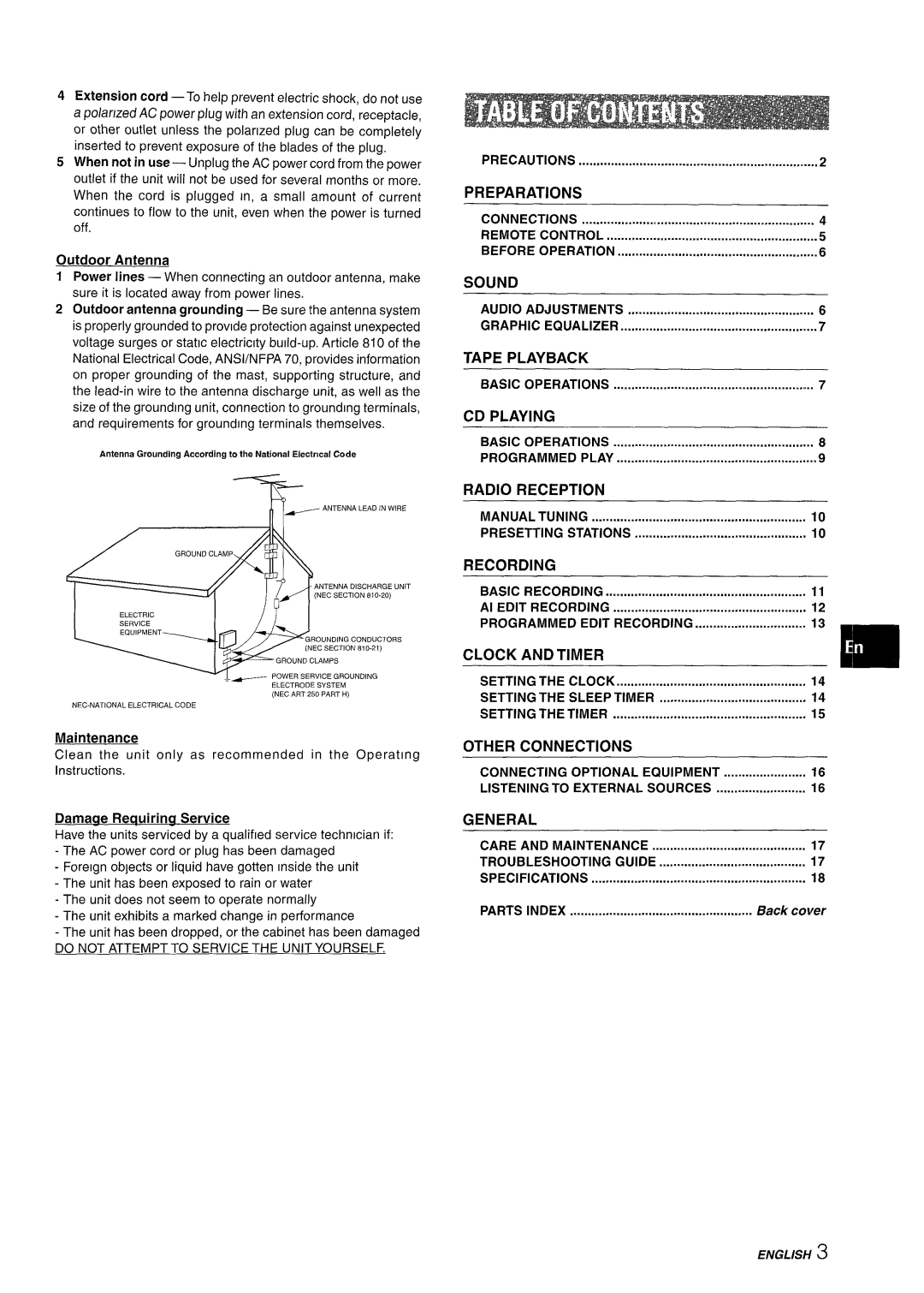 Aiwa NSX-A111 Programmed Edit Recording, Setting the Sleep Timer, Care and Maintenance Troubleshooting Guide, Parts Index 