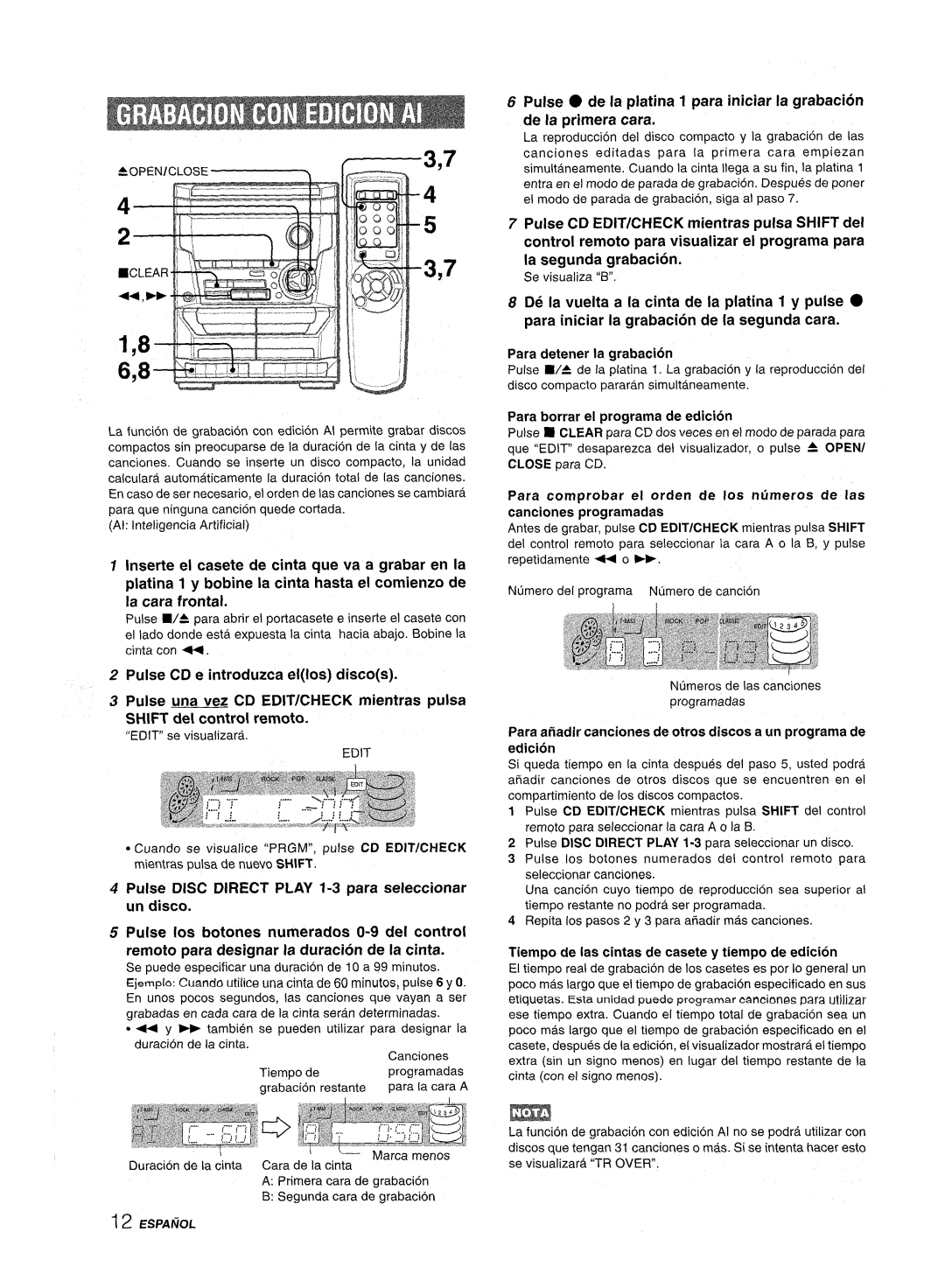 Aiwa NSX-A111 manual Para borrar el programa de edition, Tiempo de Ias cintas de casete y tiempo de edition, ESPAtiOL 