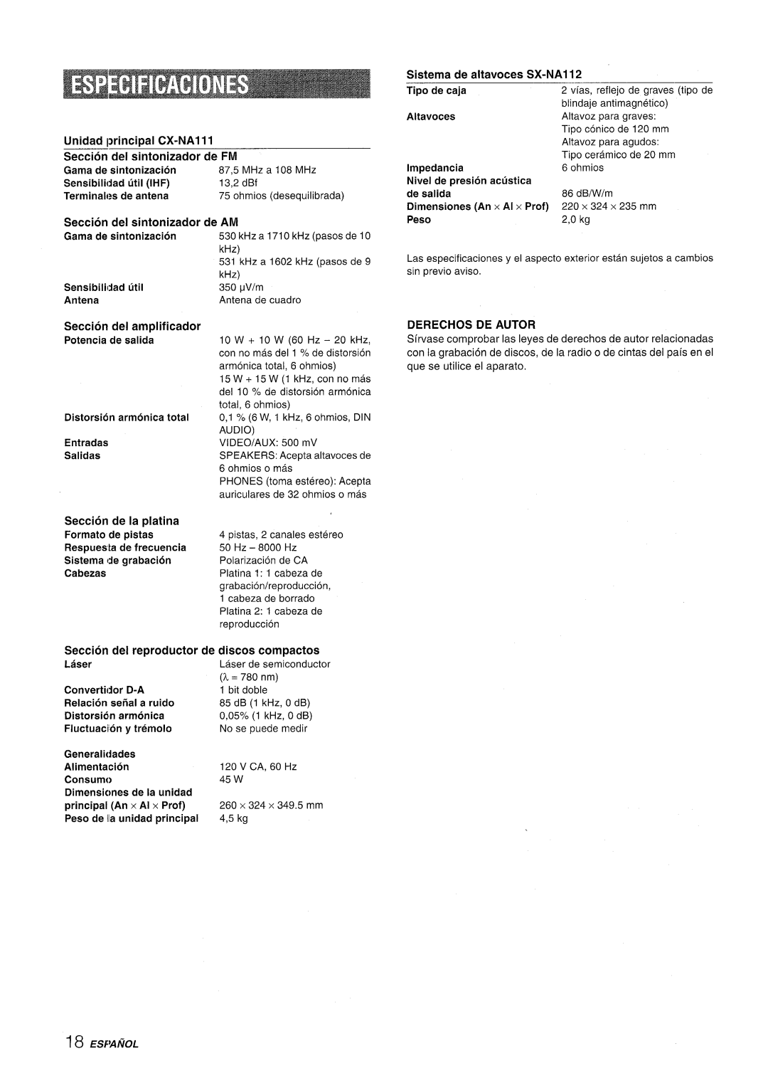 Aiwa NSX-A111 manual Derechos DE Autor 