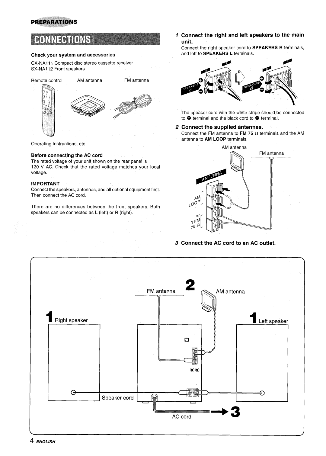 Aiwa NSX-A111 manual Connect the right and left speakers to the main unit, Connect the supplied antennas, 1Right speaker 