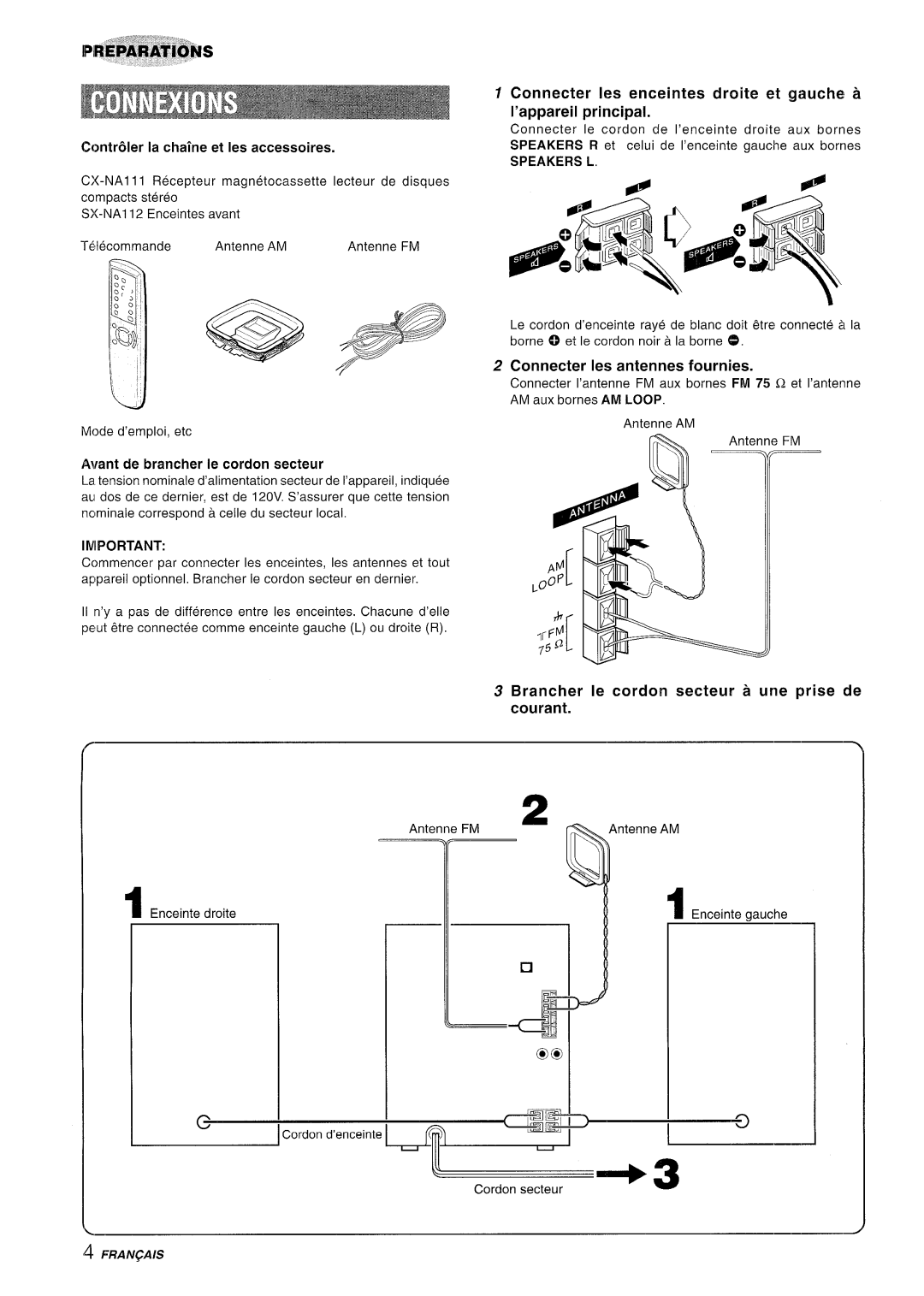 Aiwa NSX-A111 manual Connecter Ies antennes fournies, Brancher Ie cordon secteur a une prise de courant, Speakers L 