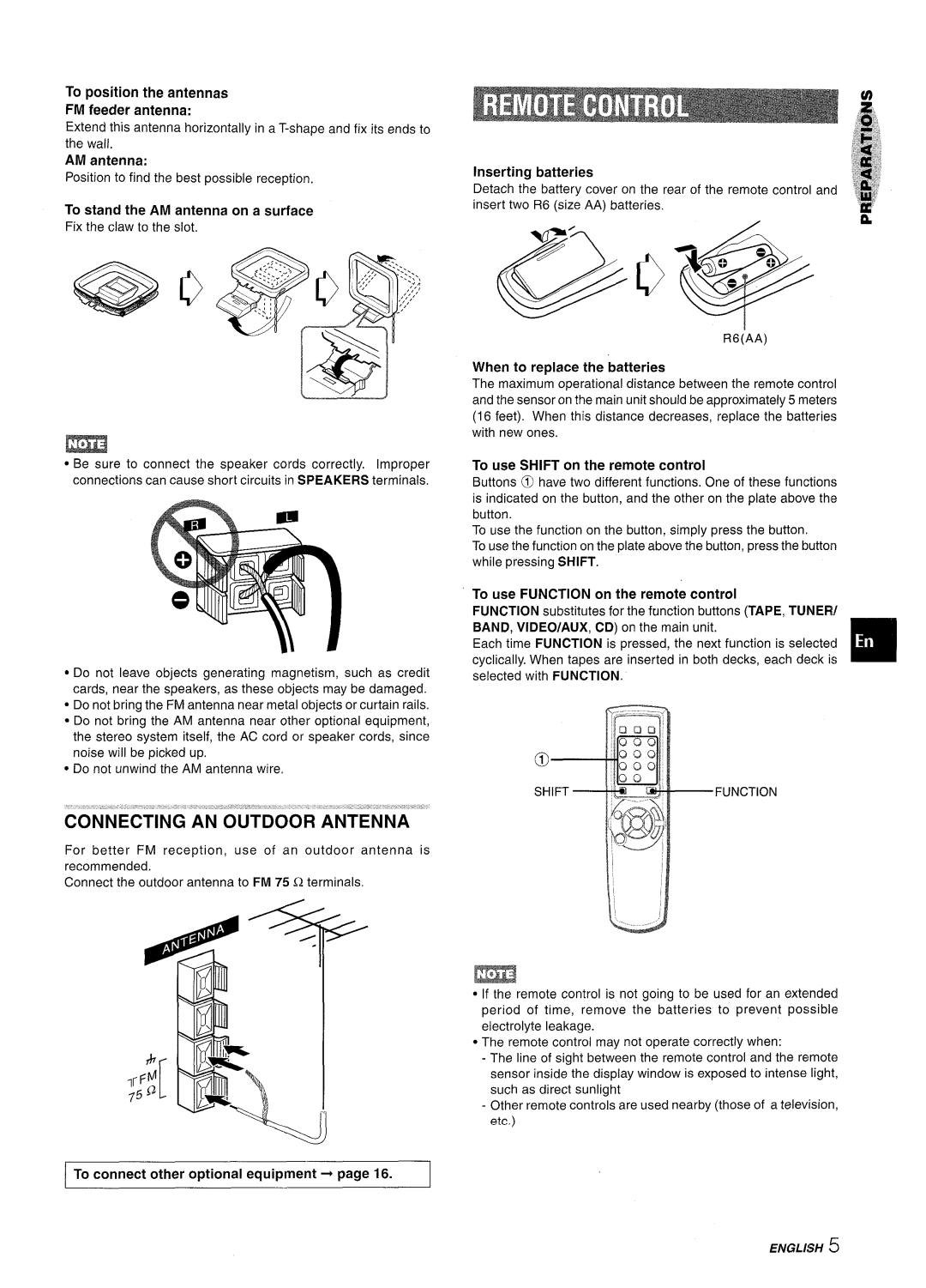 Aiwa NSX-A111 To position the antennas FM feeder antenna, To stand the AM antenna on a surface, Inserting batteries 