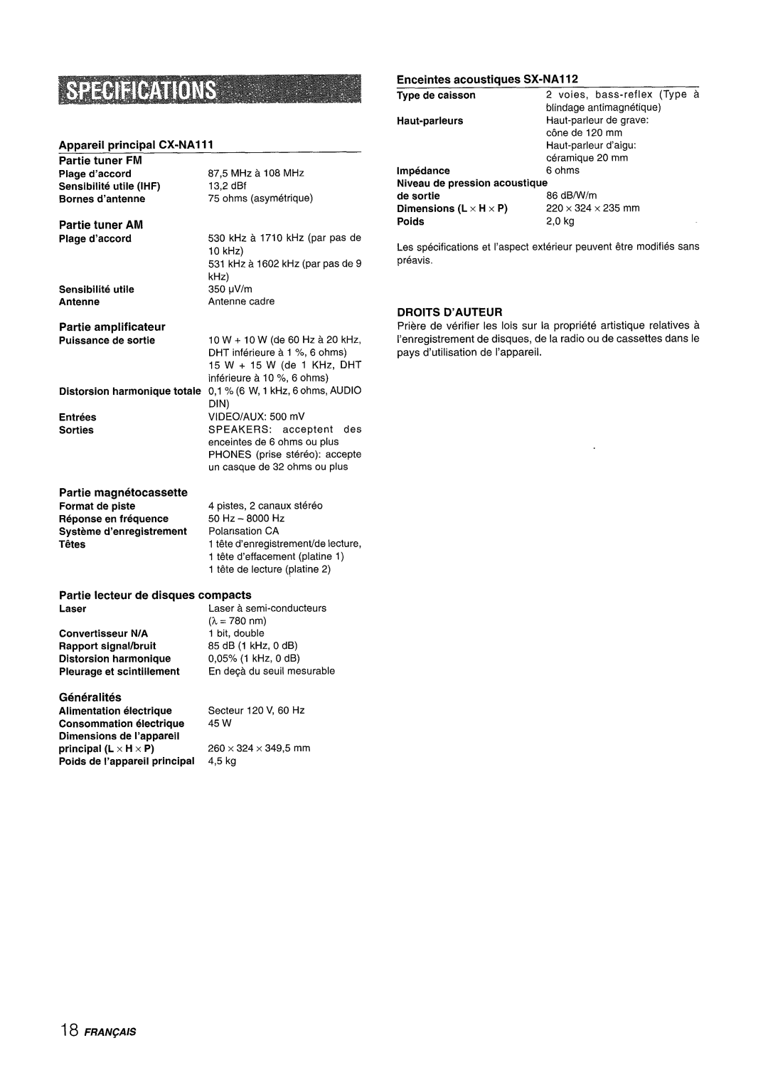 Aiwa NSX-A111 manual Generalities, Droits D’AUTEUR 