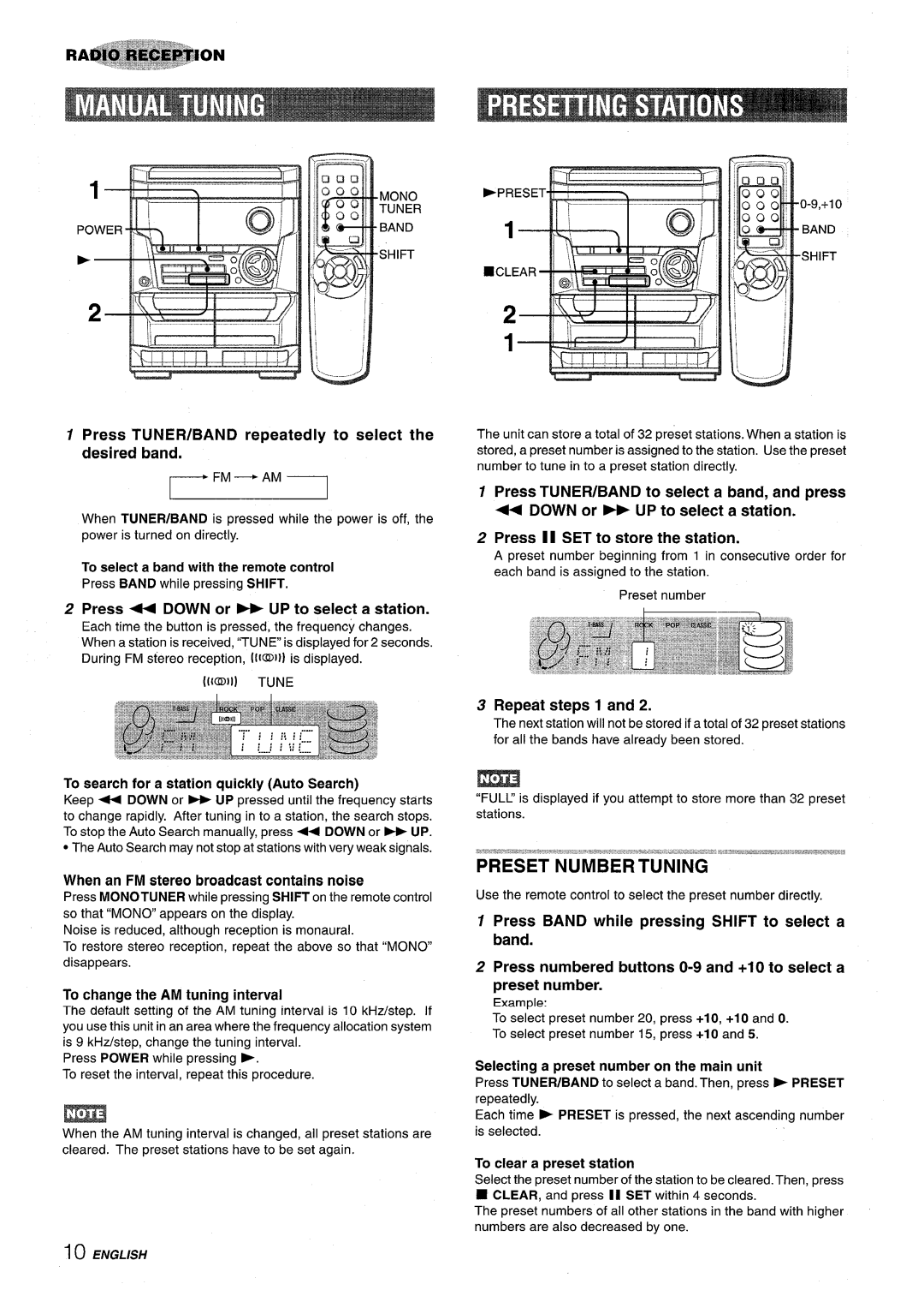 Aiwa NSX-A115 manual Preset Number Tuning, Press TUNER/BAND repeatedly to select the desired band, Repeat steps 1 