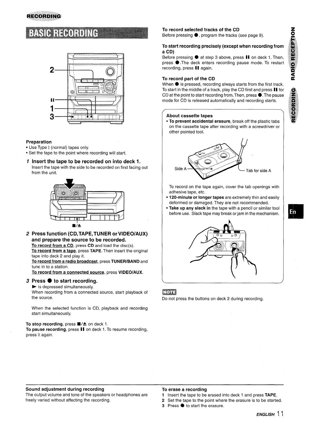 Aiwa NSX-A115 manual Insert the tape to be recorded on into deck, Preparation, To record selected tracks of the CD 