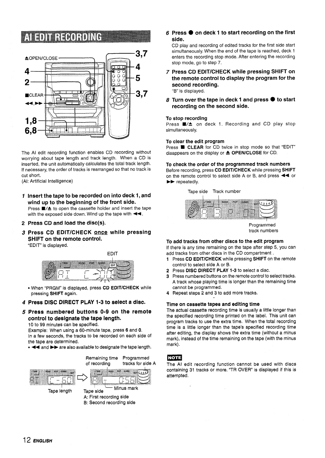 Aiwa NSX-A115 Press on deck 1 to start recording on the first side, To check the order of the programmed track numbers 