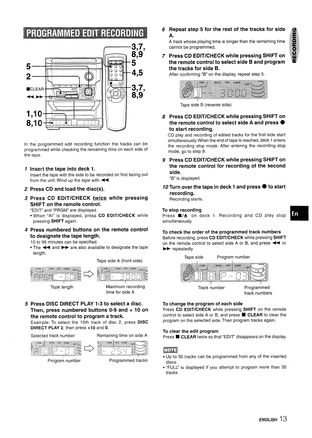 Aiwa NSX-A115 Insert the tape into deck, Repeat for the rest of the tracks for side, To change the program of each side 