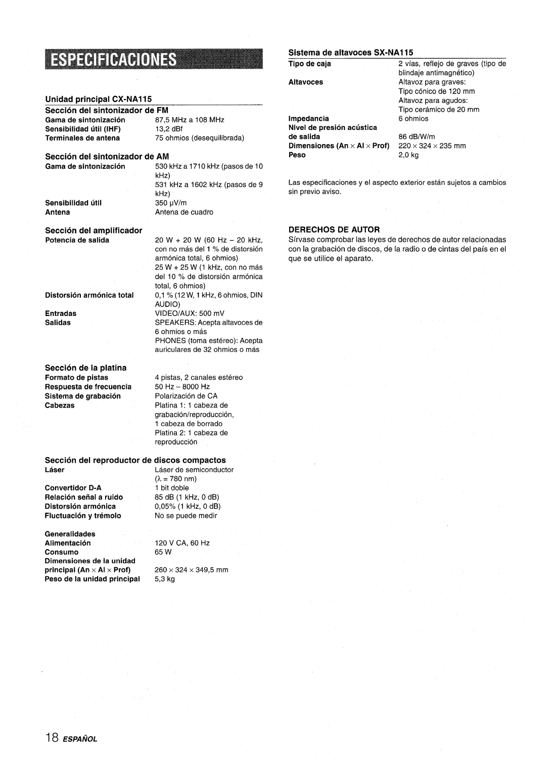 Aiwa NSX-A115 manual Derechos DE Autor 