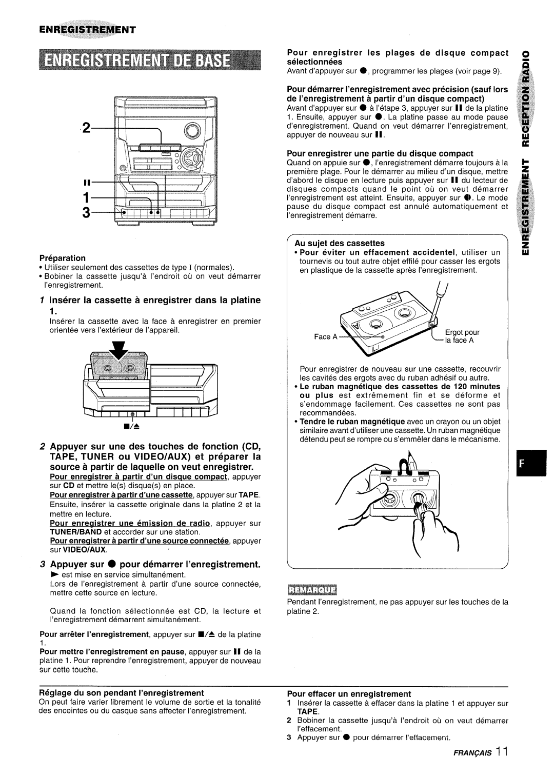 Aiwa NSX-A115 manual Inserer la cassette a enregistrer clans la platine, Appuyer sur pour demarrer I’enregistrement 