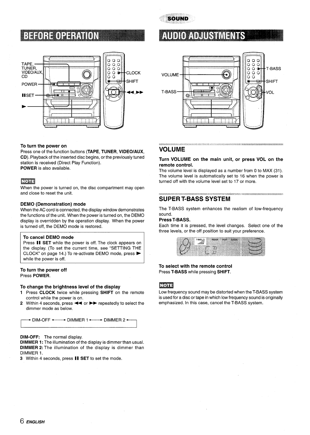 Aiwa NSX-A115 manual To change the brightness level of the display, To turn the power on, Dimmer, Press T-BASS 