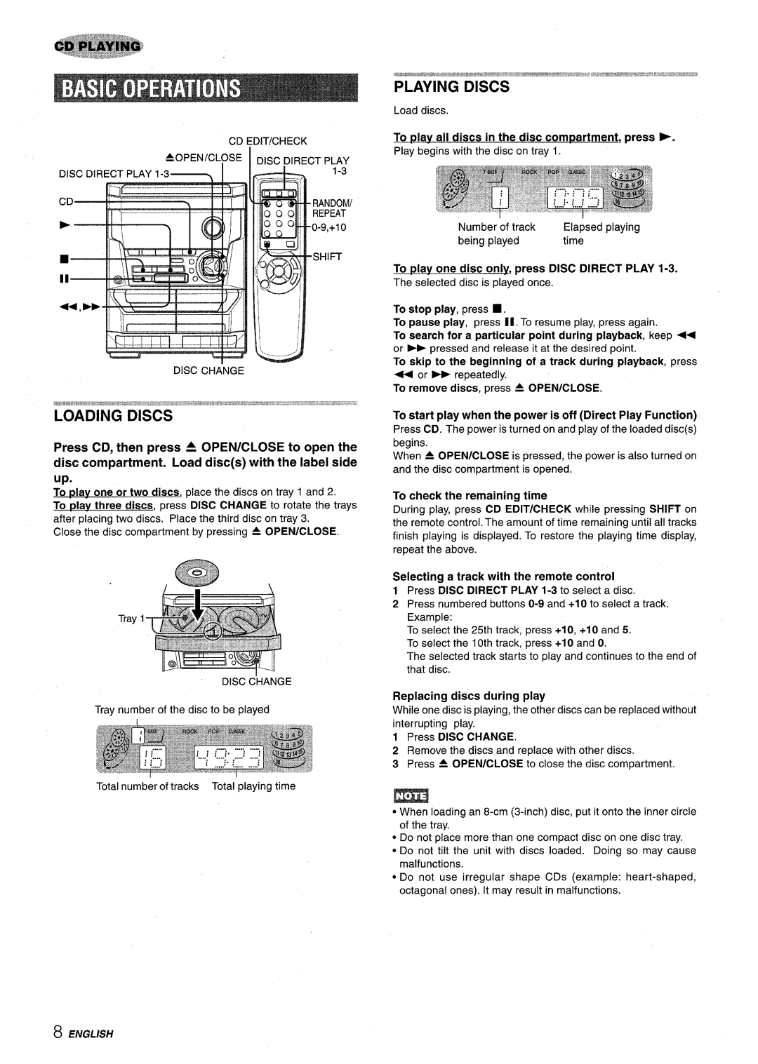 Aiwa NSX-A115 manual To play all discs in the disc compartment, press, To play one disc only, press Disc Direct Play 