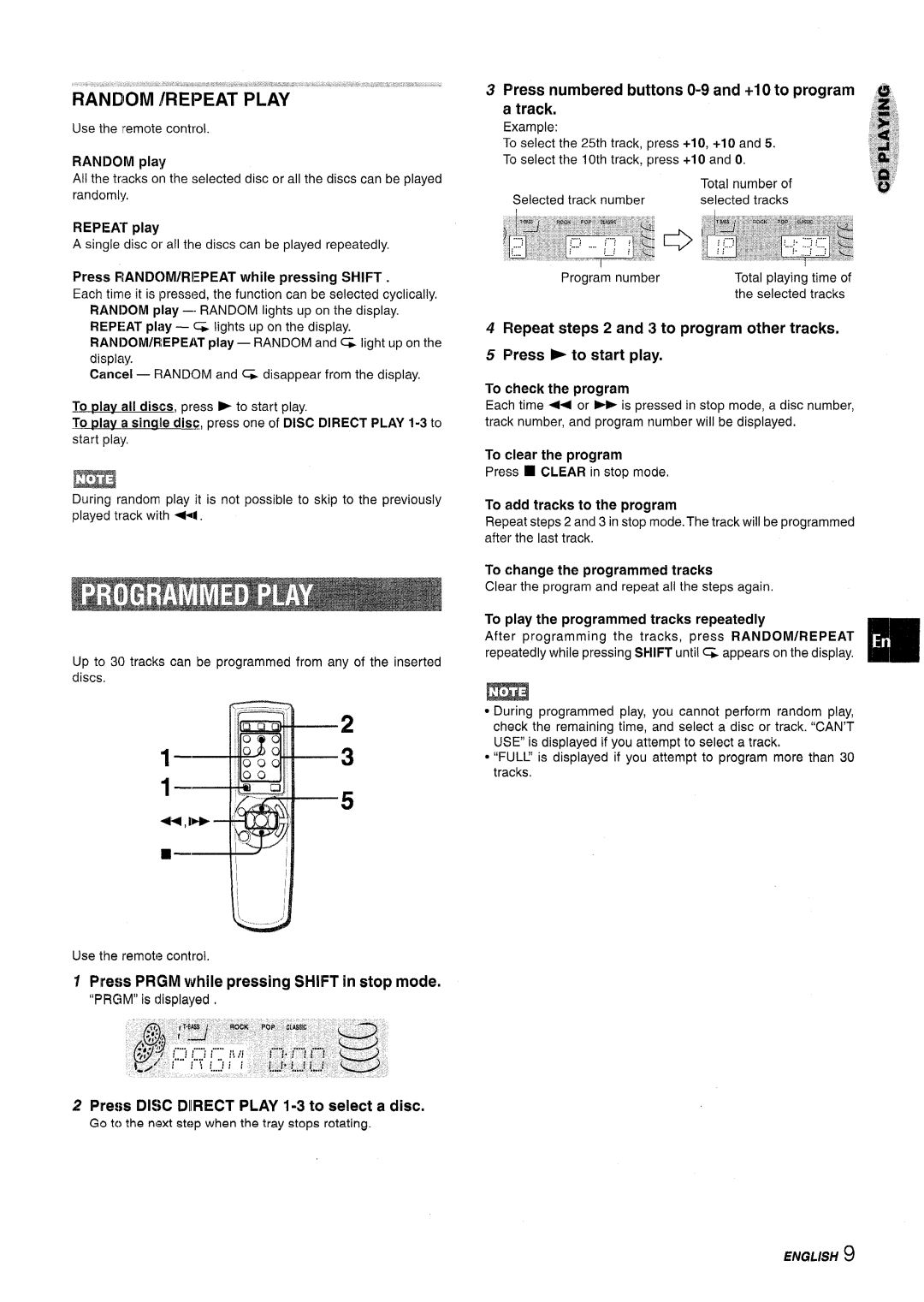 Aiwa NSX-A115 manual Press Prgm while pressing Shift in stop mode, Press Disc Diirect Play 1-3 to select a disc 