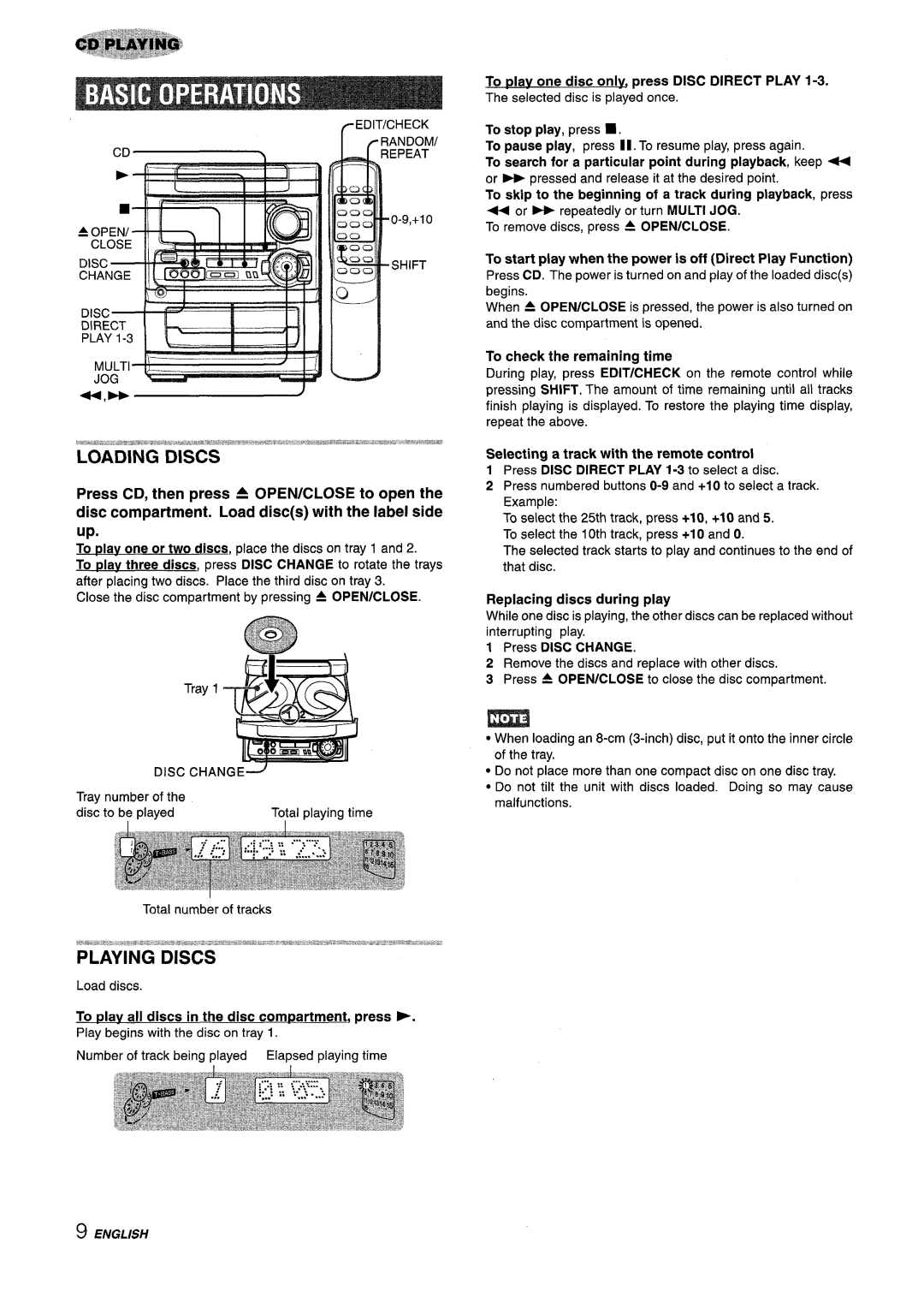 Aiwa NSX-A304 To plav all discs in the disc com~artment, press, To sesrch for a particular point during playback, keep + 